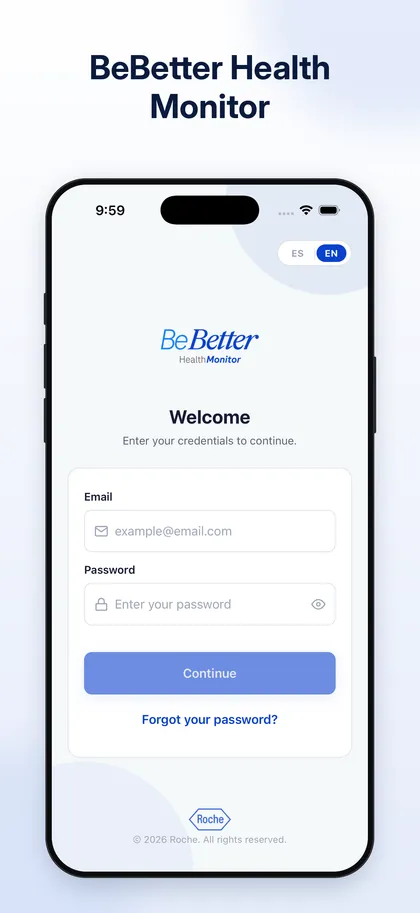 Pantalla de inicio de sesión de BeBetter Health Monitor