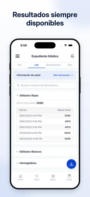 Expediente médico con historial de resultados
